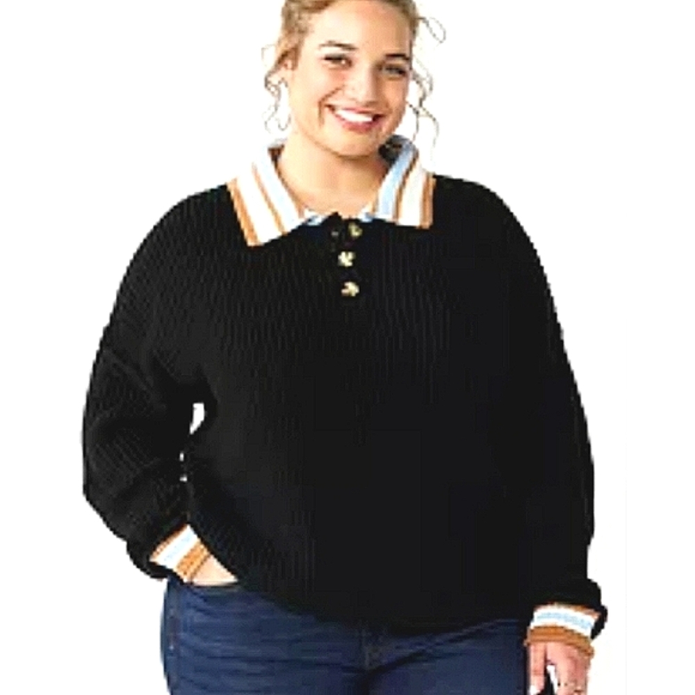 SO Henley Pullover Sweater Collard Varsity Style Black Knit Plus Size 3X
